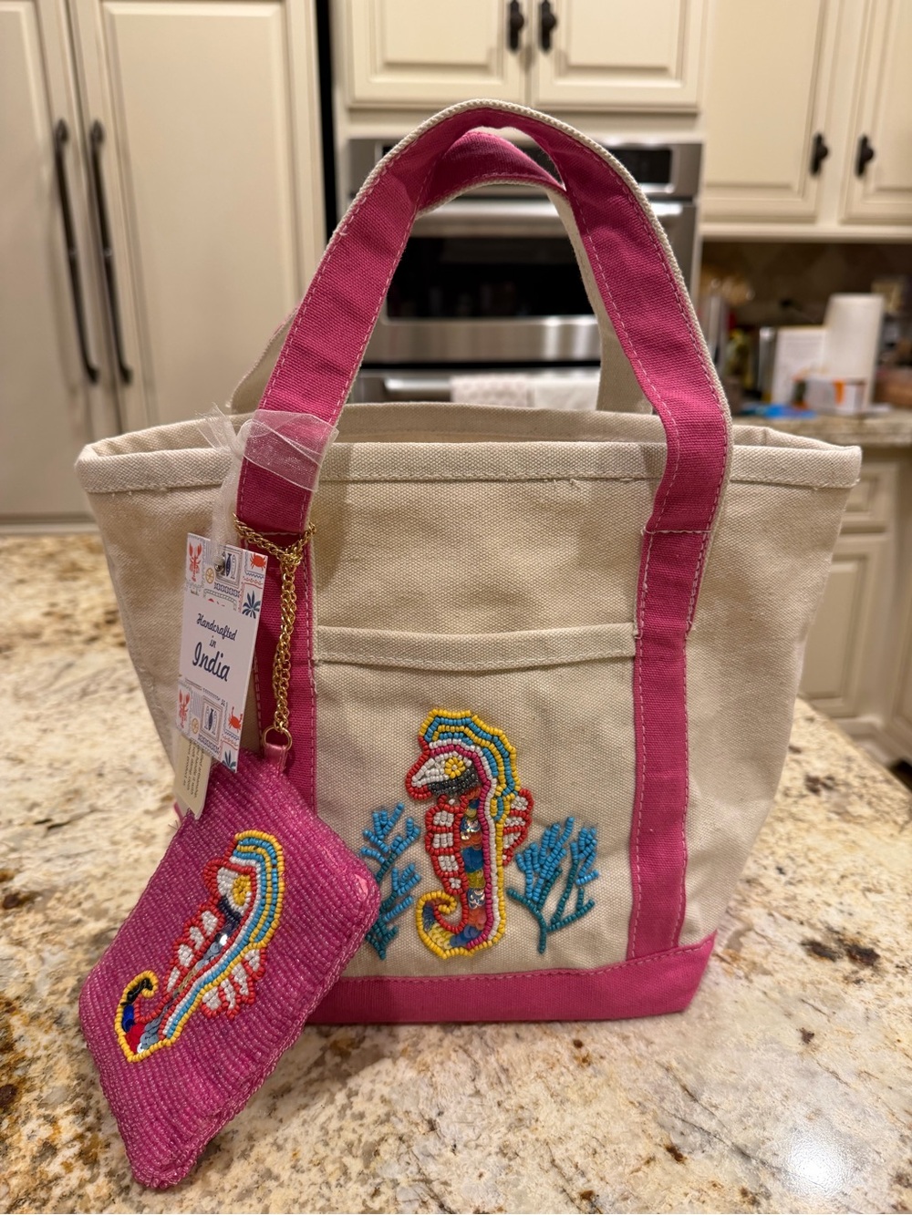 Handcrafted Canvas Tote with Beaded Seahorse and matching beaded coin purse